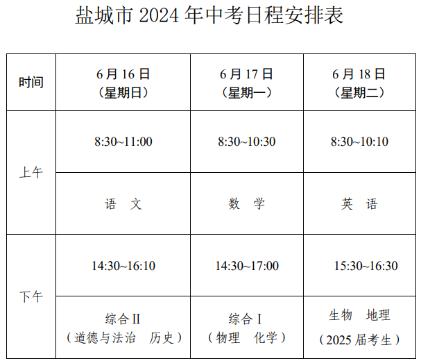 2024年江苏盐城中考时间安排表