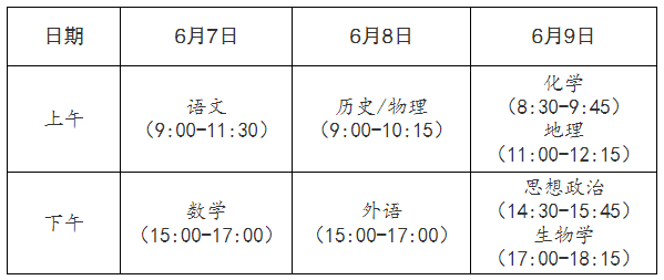 安徽淮北高考时间