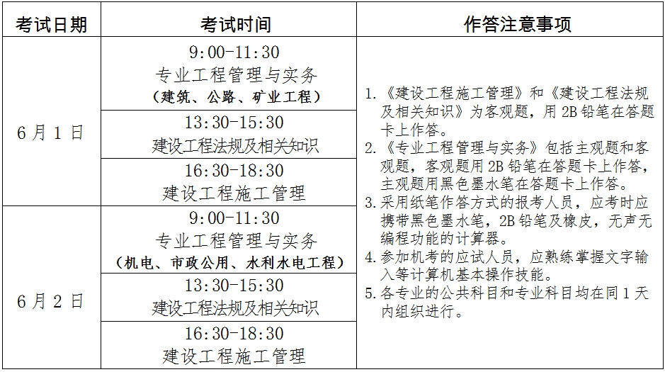 2024年宁夏二级建造师考试时间确定：6月1日、2日，一天考三科