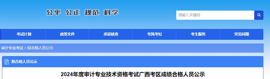 2024年度审计专业技术资格考试广西考区成绩合格人员公示广西人事考试网发布了2024年初级审计师合格人员名单：12月4日-14日公示